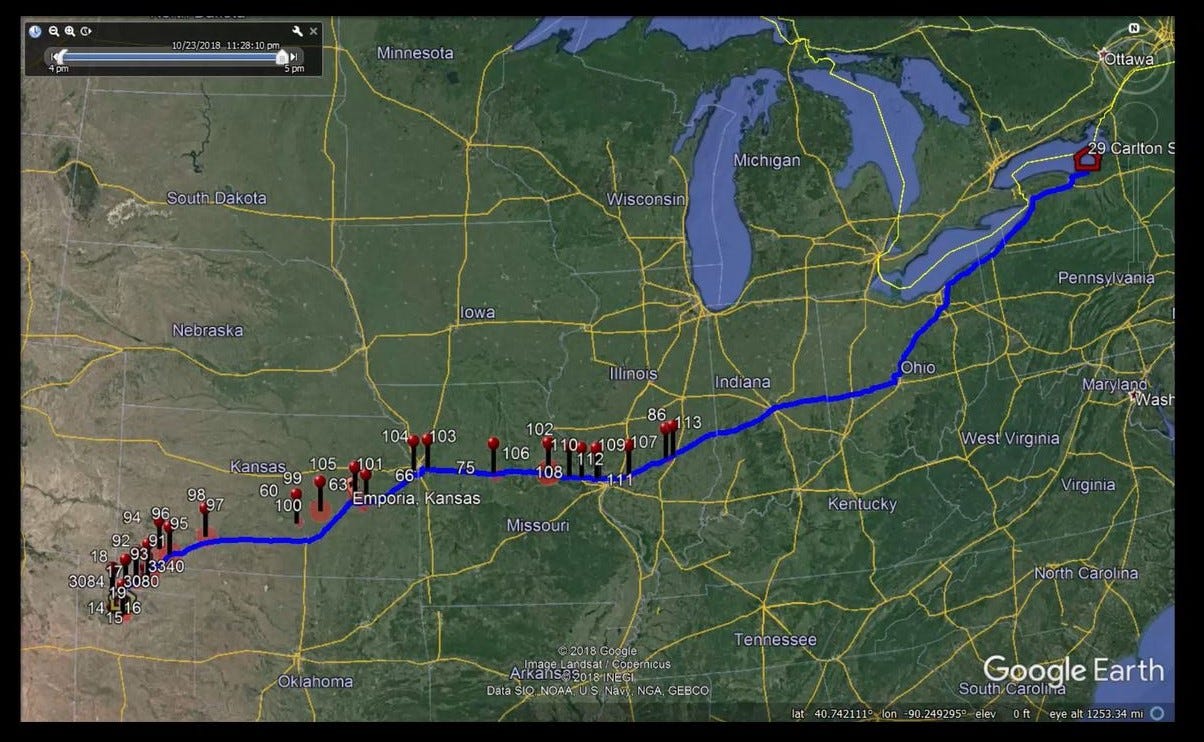 Cellphone pings showing the route Timothy Dean took from Sunray, TX to Sodus, NY.