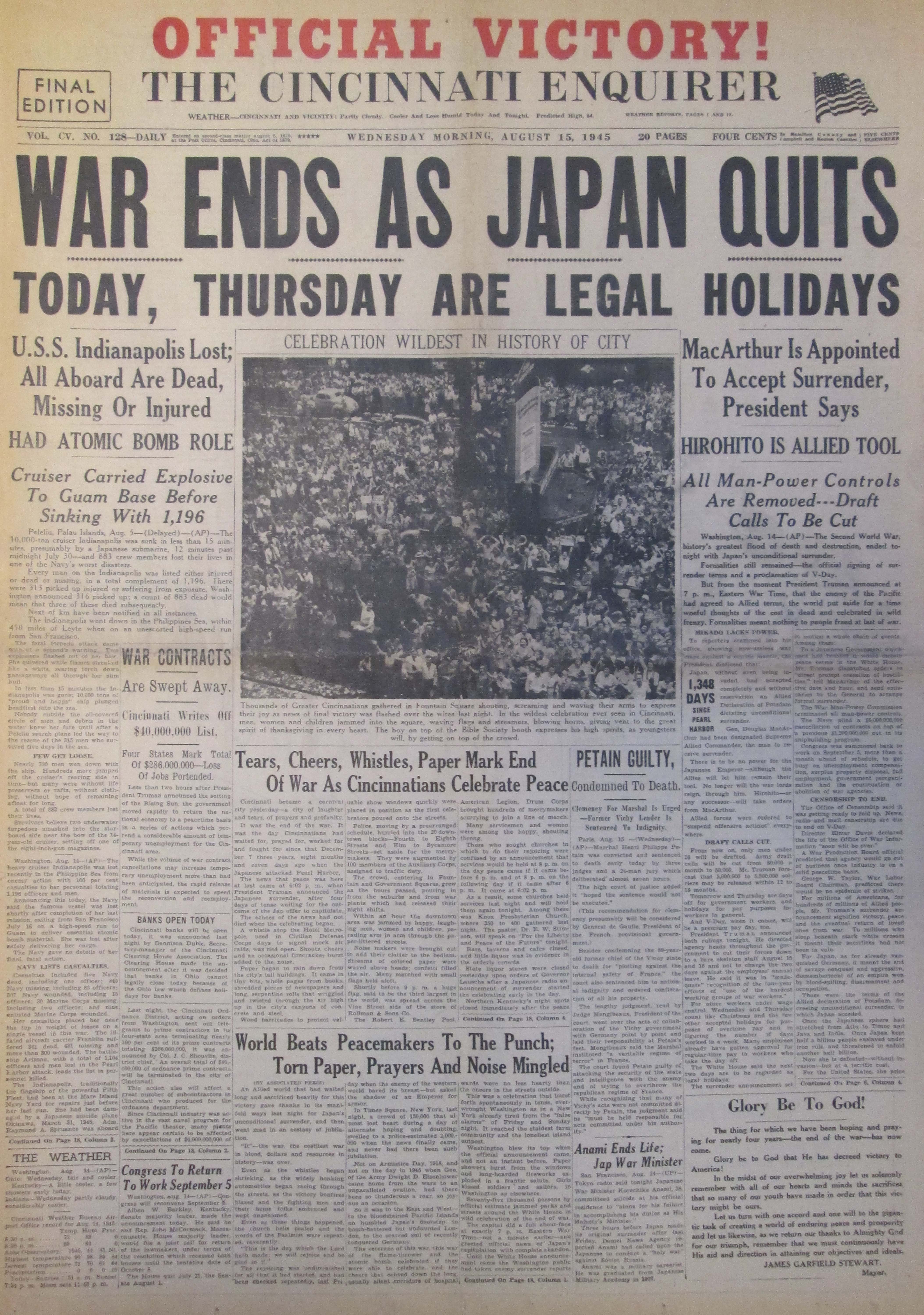 Today in History, August 14, 1945: Japan surrendered, ending World War II