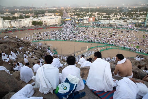 Muslim Hajj pilgrims pray during the Hajj pilgrimage in the Mount Arafat near Mecca, Saudi Arabia on Aug. 10, 2019. According to Saudi authorities, around 2.5 million Muslims are expected to attend this year's Hajj pilgrimage, which is highlighted by the Day of Arafah, one day prior to Eid al-Adha. Eid al-Adha is the holiest of the two Muslims holidays celebrated each year, it marks the yearly Muslim pilgrimage (Hajj) to visit Mecca, the holiest place in Islam. 