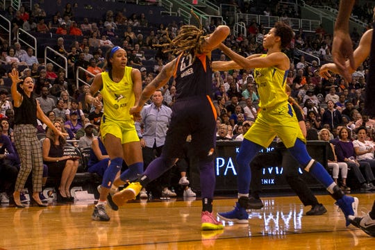 Mercury center Brittney Griner and Wings forward Kristine Anigwe were ejected, along with 4 other players, after a fight broke out halfway in the fourth quarter of the Phoenix Mercury against the Dallas Wings on August 10, 2019, at the Talking Stick Resort Arena in Phoenix, Ariz.