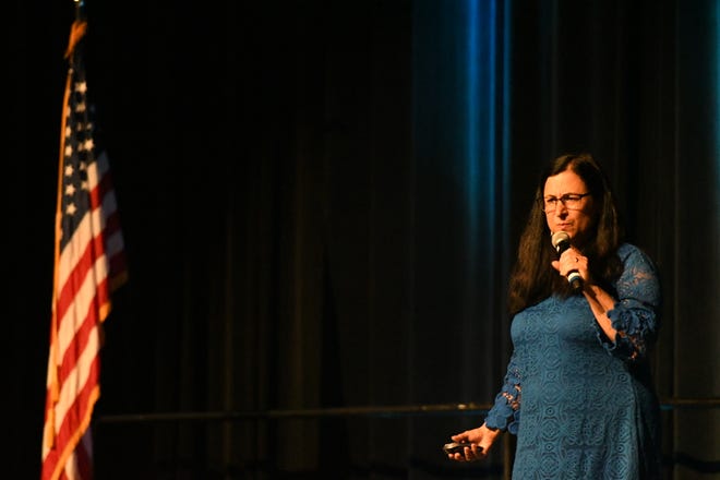 Interem Superintendent Tamara Ravalin addresses thousands of VUSD employees at the district's annual convocation ceremony on Aug. 12, 2019.