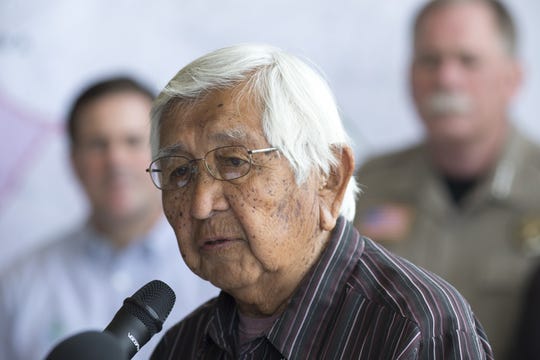 Chairman Ronnie Lupe of the White Mountain Apache Tribe speaks during a press conference June 17, 2016, at the Cedar Fire Incident Command Center at Show Low High School, 1201 N. Cougar Lane, Show Low, Arizona.