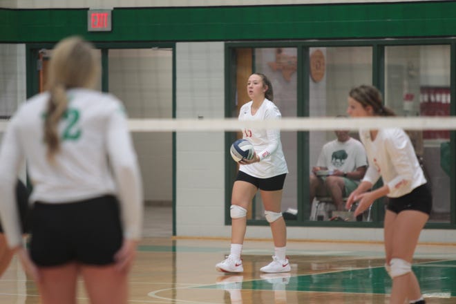Miles High School's Regan Smithwick prepares to serve during a volleyball match Tuesday, Aug. 13, 2019 at Wall High School.