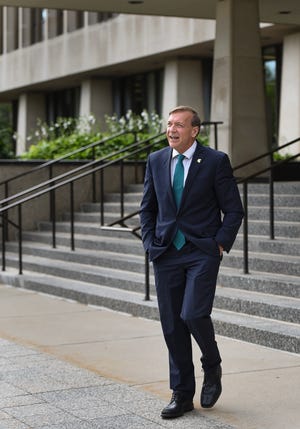 New Michigan State University President Samuel Stanley leaves the Hannah Administration Building Wednesday, Aug. 14, 2019, for a meeting.