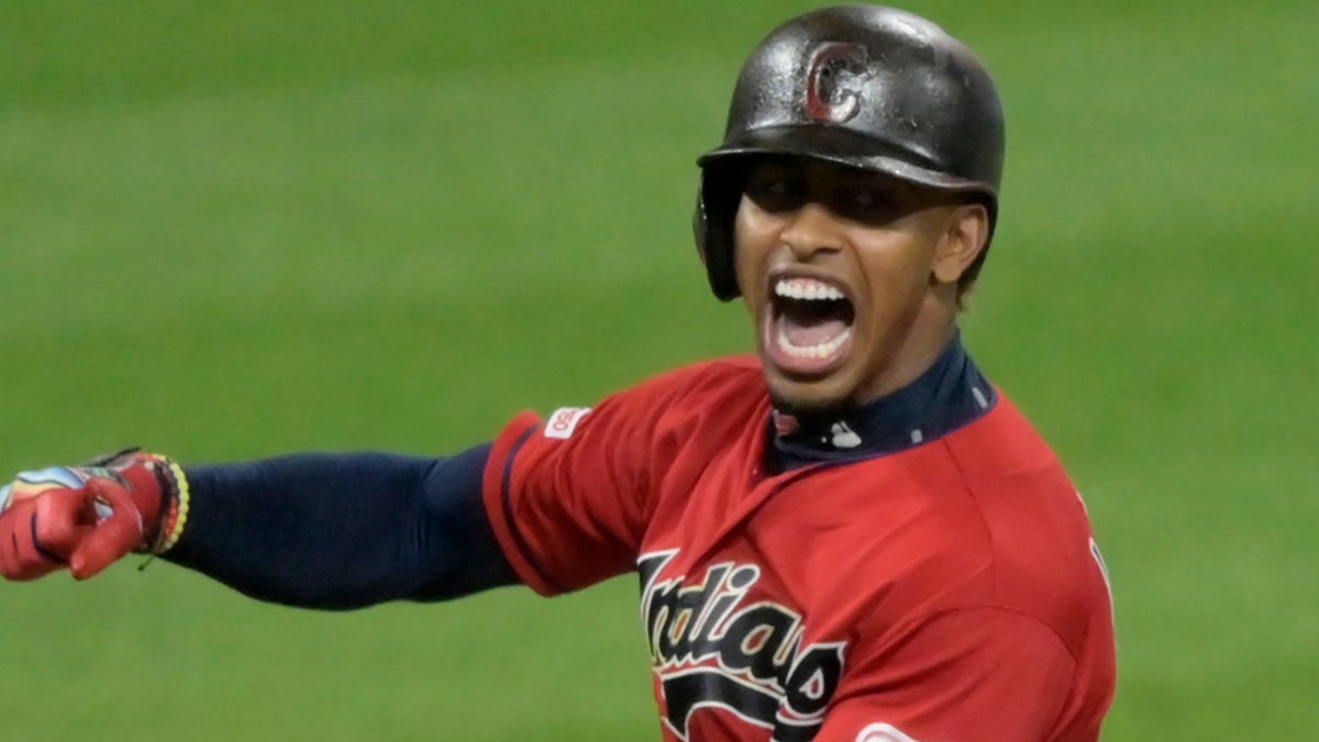 Aug 13, 2019; Cleveland, OH, USA; Cleveland Indians shortstop Francisco Lindor (12) reacts after hitting an RBI double in the ninth inning against the Boston Red Sox at Progressive Field. Mandatory Credit: David Richard-USA TODAY Sports