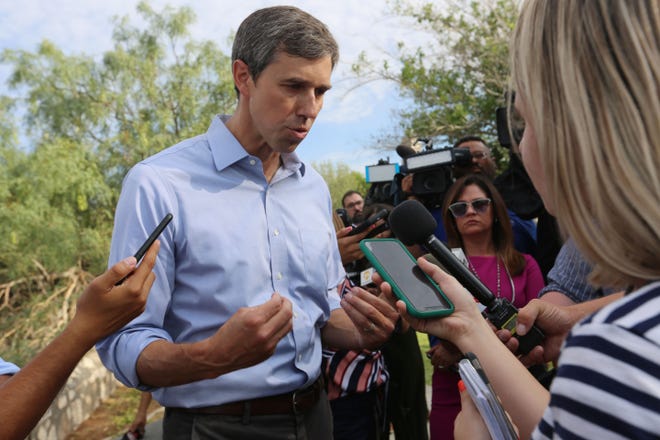 Presidential candidate Beto O'Rourke tells reporters after a speech Thursday, Aug. 15, 2019, at Tom Lea Park in El Paso that he is determined to visit hurting communities throughout the country that sometimes feel abandoned, because their stories are important too.
