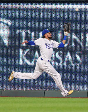 Jul 29, 2019; Kansas City, MO, USA; Kansas City Royals center fielder Billy HamiltonÊ(6) is unable to make the catch against the Toronto Blue Jays during the eighth inning at Kauffman Stadium.