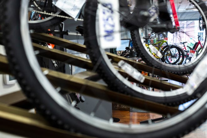 Trek bicycles are pictured in a display, Thursday, Aug. 15, 2019, at World of Bikes along Gilbert Street in Iowa City, Iowa.