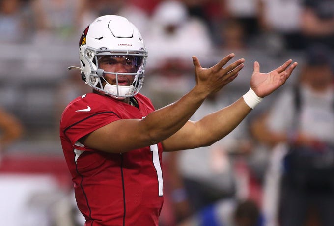 Arizona Cardinals quarterback Kyler Murray (1) reacts to the bench against Oakland in the first half during a preseason game on Aug. 15, 2019 in Glendale, Ariz.