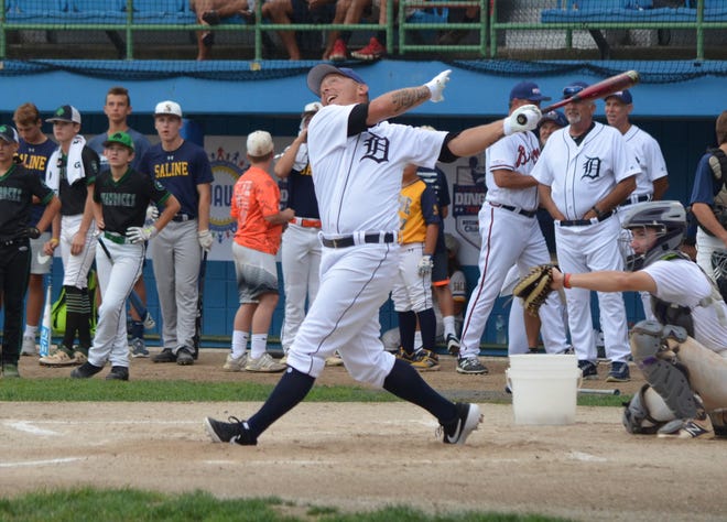 Former Detroit Tiger Brandon Inge watches the ball fly during the Dingers for DIPG event at C.O. Brown Stadium in Battle Creek on Saturday.