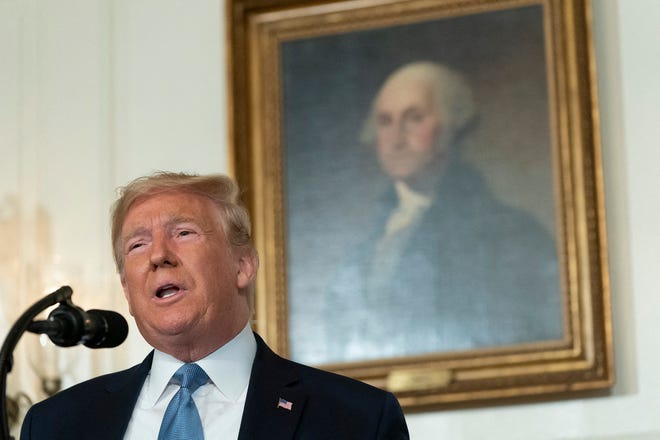 U.S. President Donald J. Trump makes a statement at the White House in Washington, D.C. in response to two separate shooting incidents on Monday, Aug. 5, 2019. (Chris Kleponis/Pool via CNP/Abaca Press/TNS)