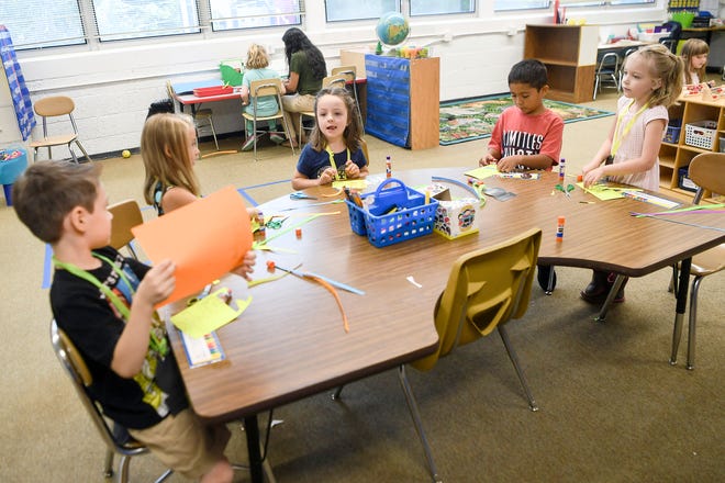 First-graders in Ana Esparza's Spanish immersion dual language class made name tags on their first day of school at Candler Elementary on August 19, 2019.