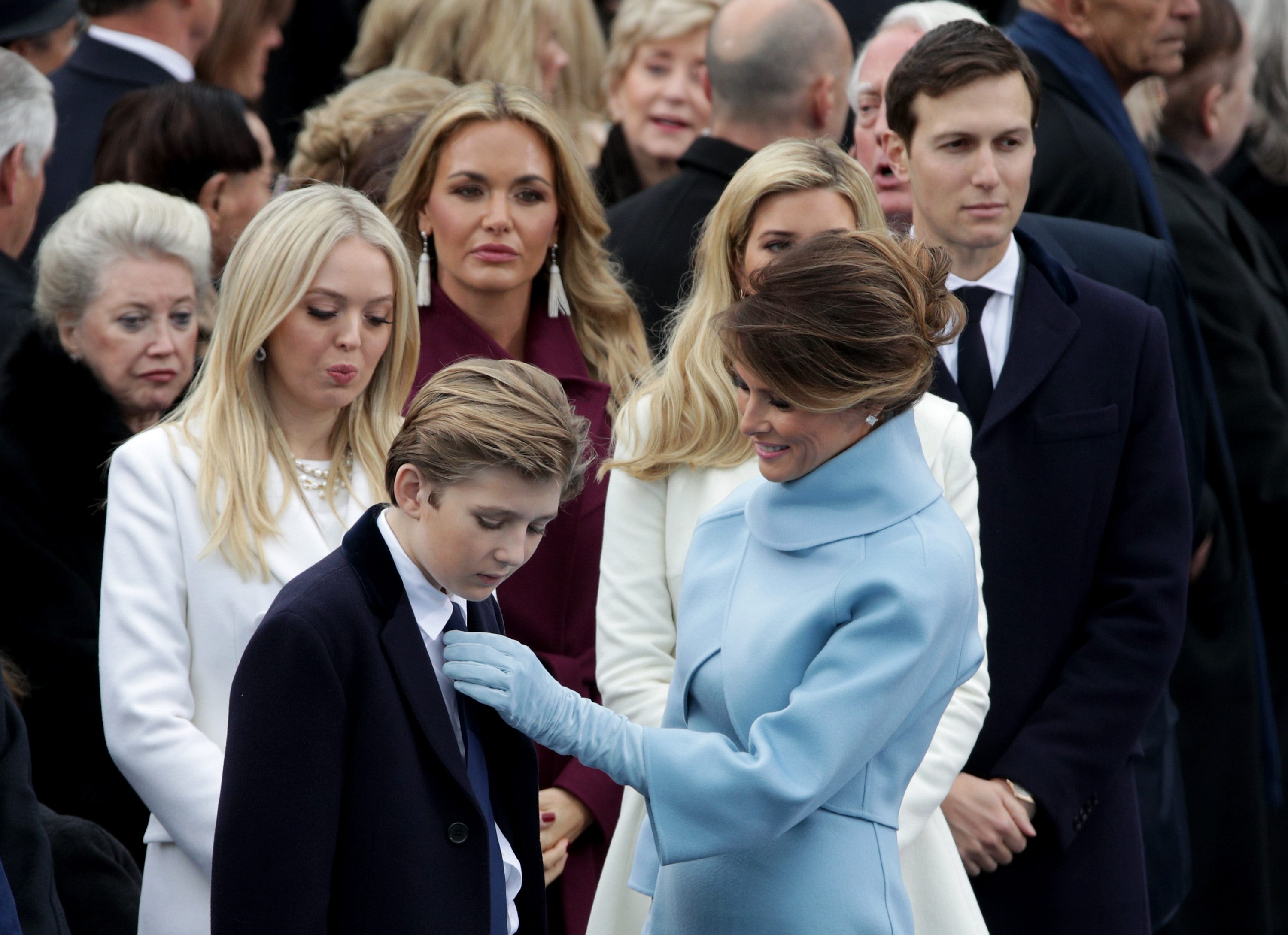 Melania Trump straightens Barron's tie on atf the U.S. Capitol on Jan. 20, 2017, in Washington, D.C. In today's inauguration ceremony Donald Trump becomes the 45th president of the United States. 