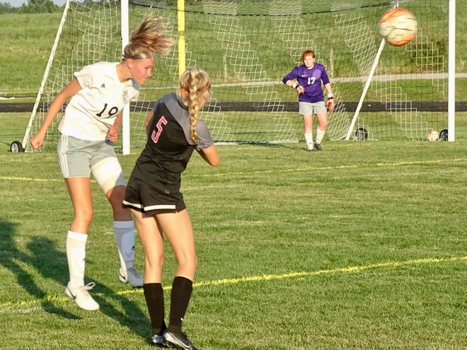 Lancaster senior Isabella Galecki heads the ball during a nonconfrence match against Fairfield Union.