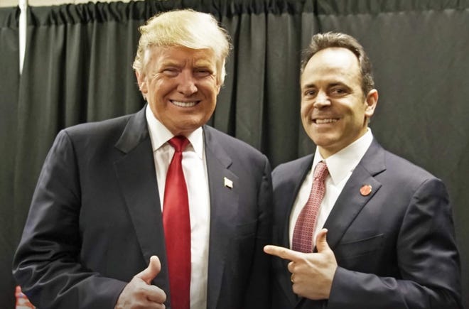 President Donald Trump and Gov. Matt Bevin pose for a photo in 2018.