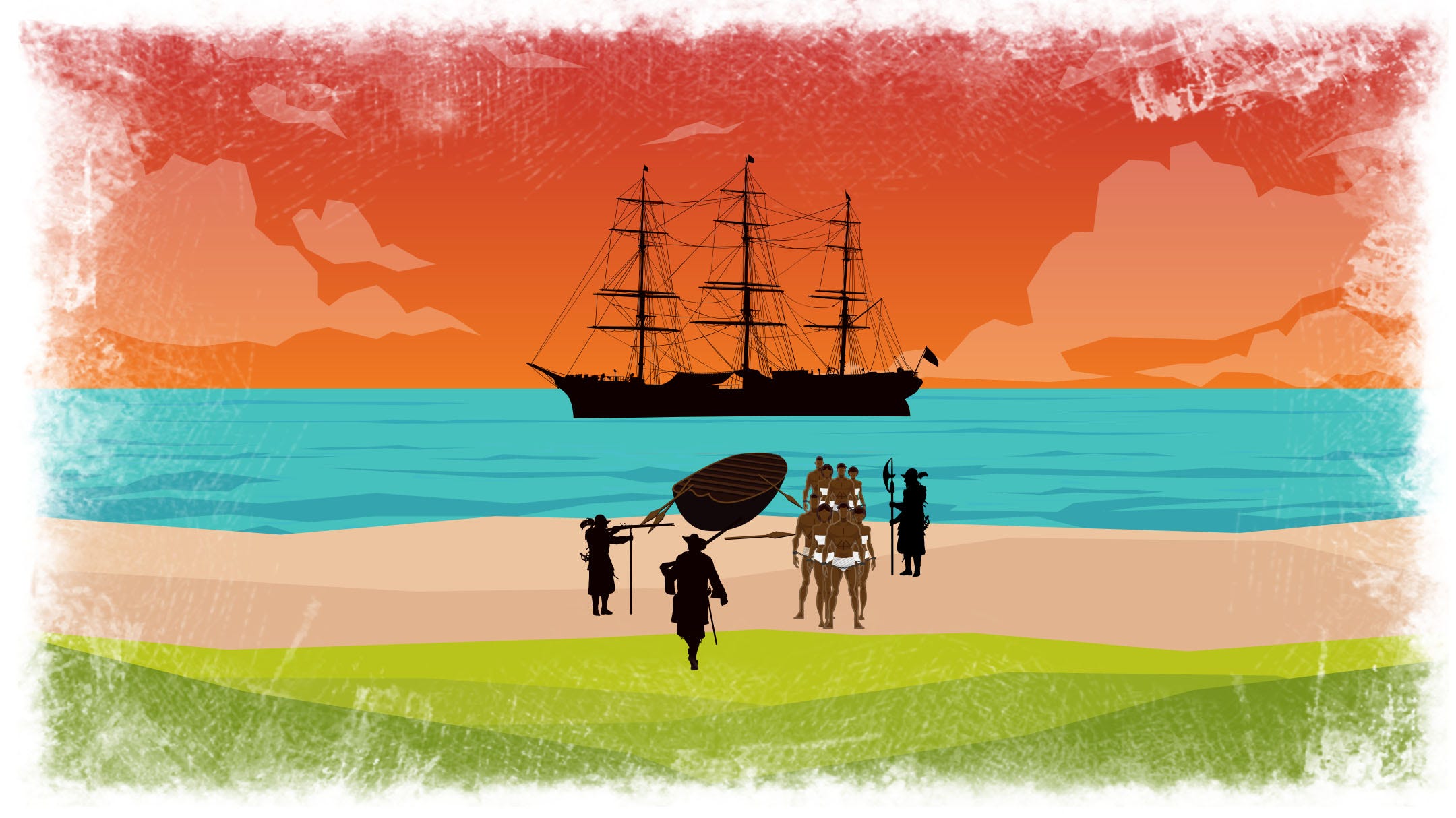 Illustration of 1619 slave ship landing in Virginia.