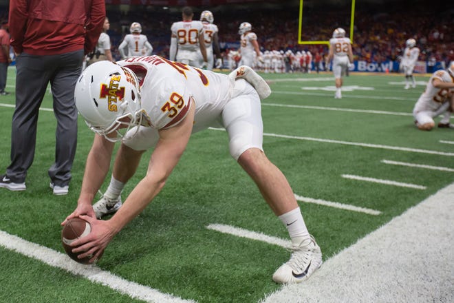 Iowa State long snapper Steve Wirtel warms up at the Alamo Bowl.