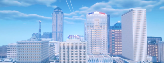 Screenshot from the ProjectDSM Minecraft recreation of downtown Des Moines, Iowa.