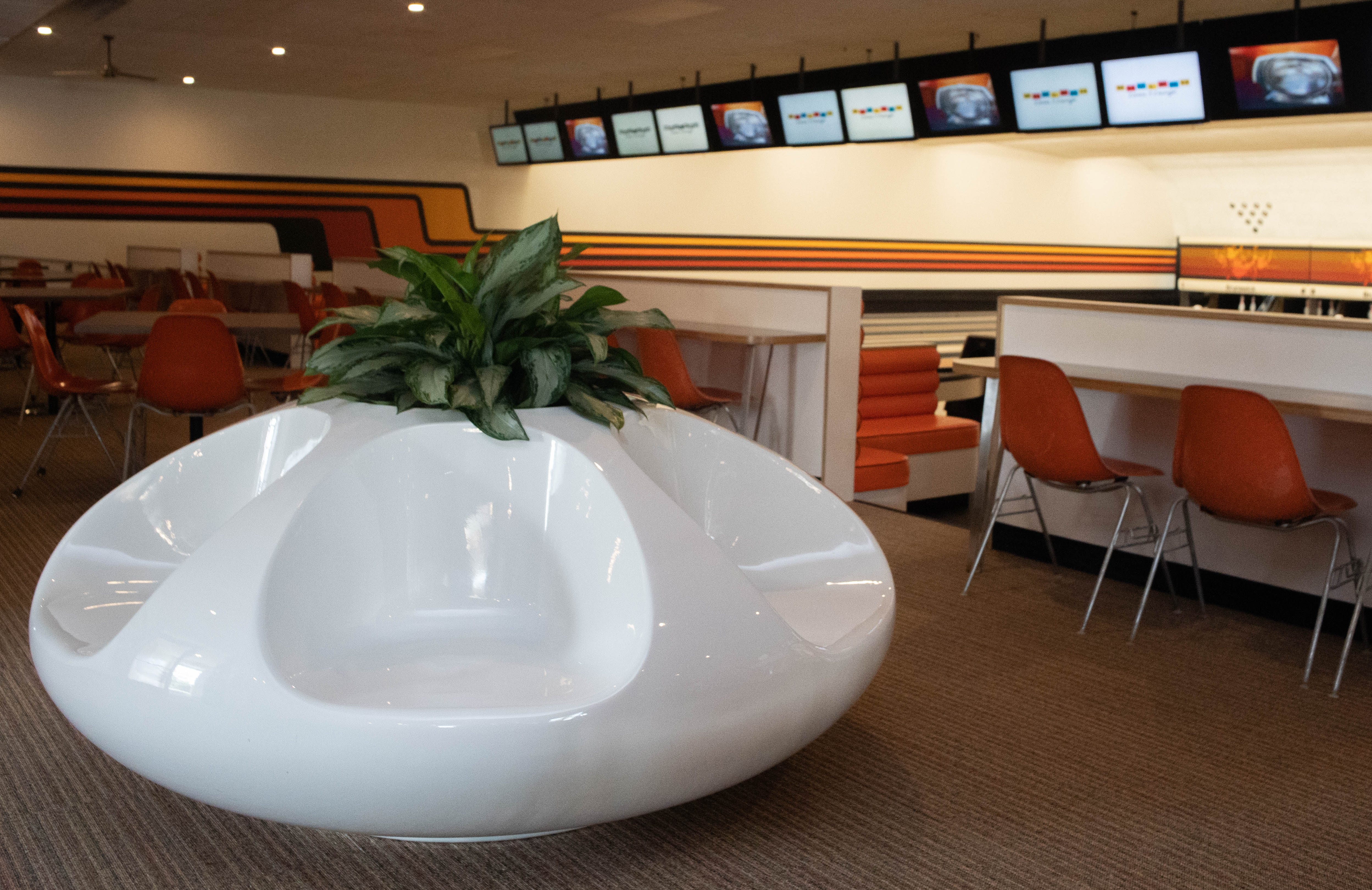 A white Sintoform seating unit at Bowlero Lanes & Lounge.