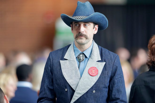 Packers quarterback Aaron Rodgers wears a lot of denim for the team's luncheon in 2018.