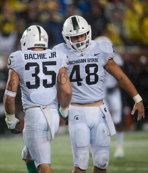 Michigan State linebacker Joe Bachie and defensive end Kenny Willekes (48) were named two of the Spartans' co-captains for the 2019 season, joining quarterback Brian Lewerke and defensive tackle Raequan Williams.