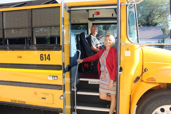 Assistant Superintendent Cathy Dusman and other members of the Chambersburg Area School District administrative team rode on buses with students on the first day of school, Aug. 22, 2019.