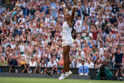 Coco Gauff celebrates match point against Polona Hercog during the third round of Wimbledon in 2019.