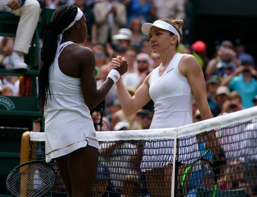 Coco Gauff greets Simona Halep after falling to the eventual champ in the fourth round at Wimbledon in 2019.