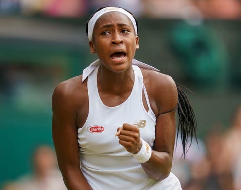 Coco Gauff reacts during her match against Polona Hercog during the third round of Wimbledon in 2019.