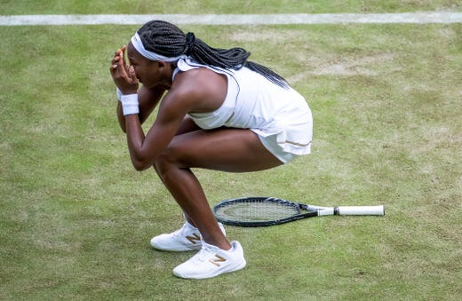 Coco Gauff celebrates match point in against Venus Williams in the first round at Wimbledon in 2019.
