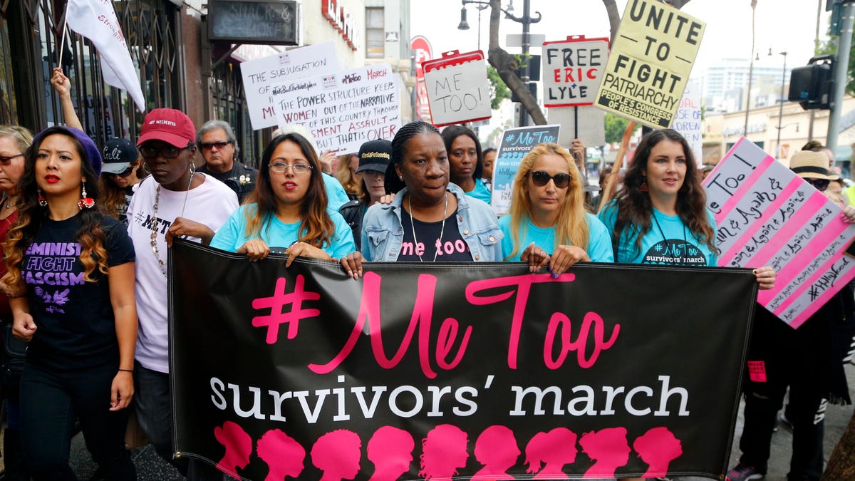People protest sexual assault and harassment at the #MeToo March in Hollywood on Nov. 12, 2017.