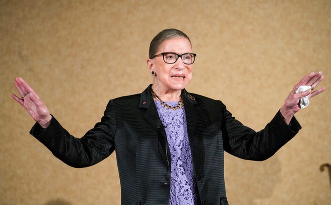 In this Aug. 19, 2016, file photo U.S. Supreme Court Justice, Ruth Bader Ginsburg, is introduced during the State Bar of New Mexico's Annual Meeting in Pojoaque.  The Supreme Court announced Aug. 23, 2019, that Ginsburg has been treated for a malignant tumor.