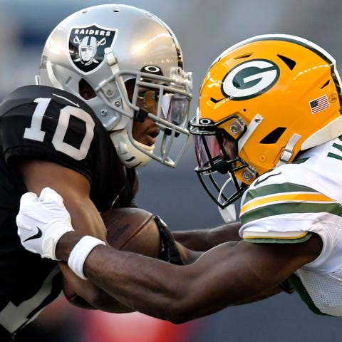 Raiders wide receiver Rico Gafford rushes against 