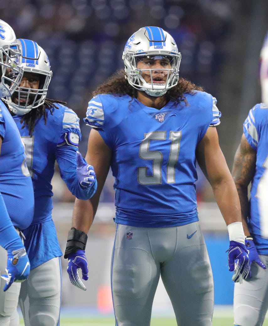 Detroit Lions' Jahlani Tavai lines up against the Buffalo Bills during the first half Friday Aug. 23, 2019 at Ford Field.