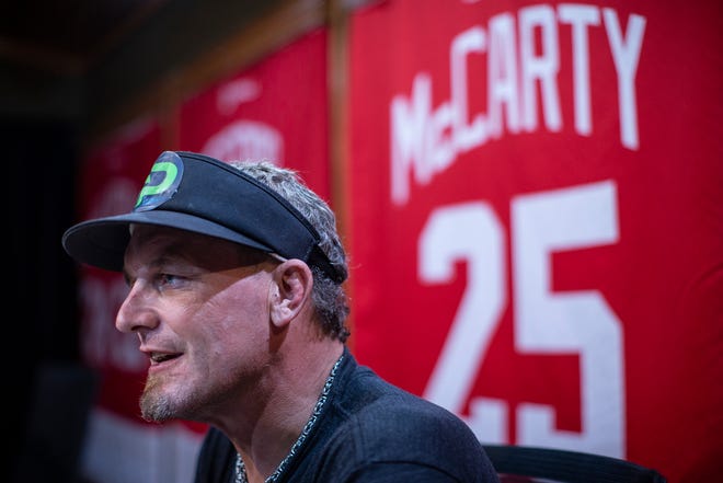 Darren McCarty speaks to Free Press reporter during an interview at his podcast studio in Franklin, Wednesday, August 21, 2019.