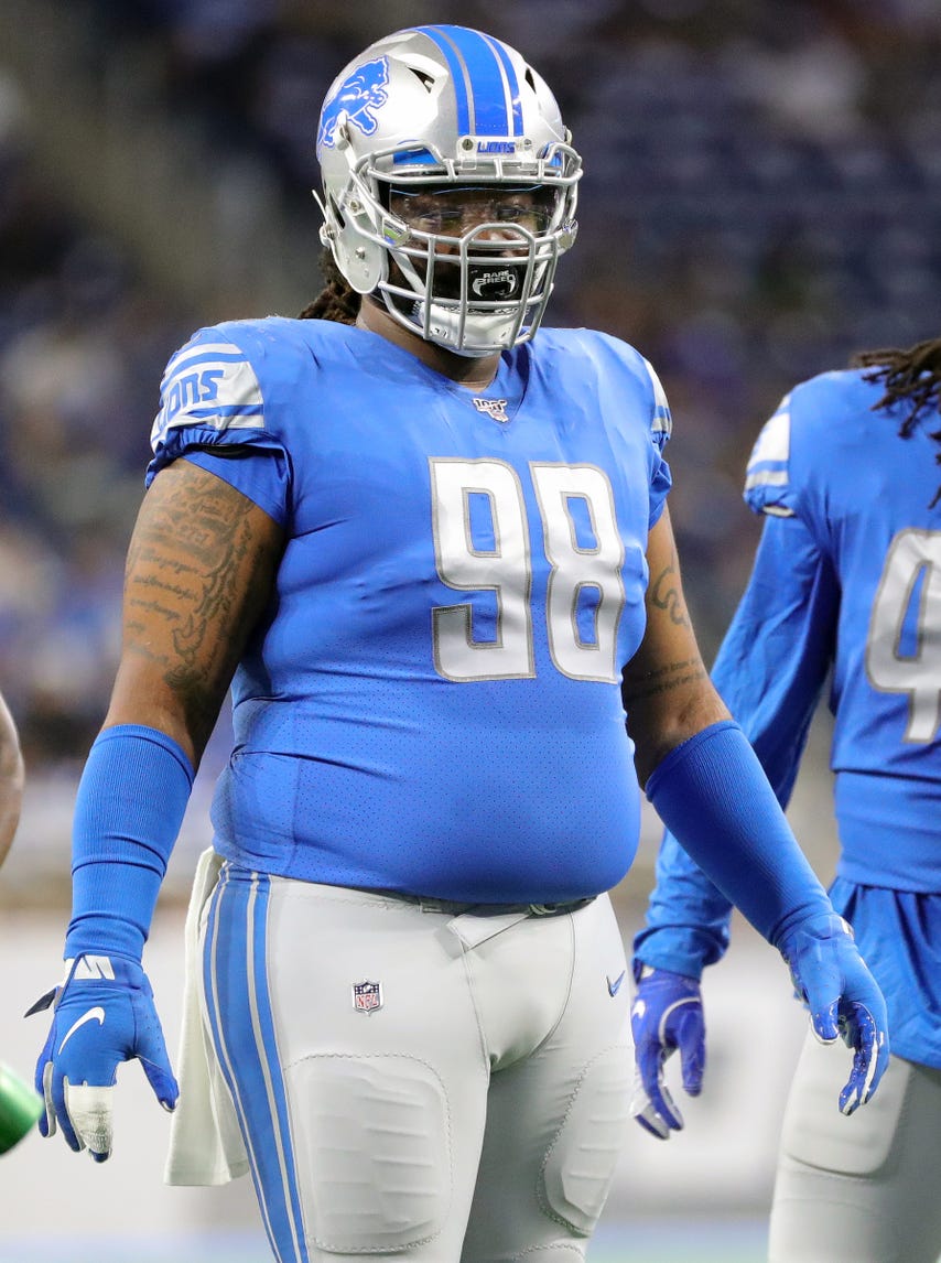 Detroit Lions' Damon Harrison lines up against the Buffalo Bills, Friday, Aug. 23, 2019 at Ford Field.