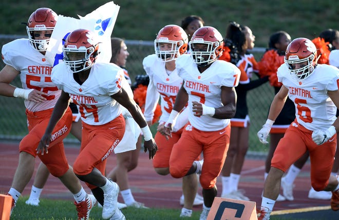 The Central York football team runs onto the field for it season opener on Aug. 23 against West York. The Panthers are 1-1 heading into Friday's game against Hempfield, which is also 1-1.