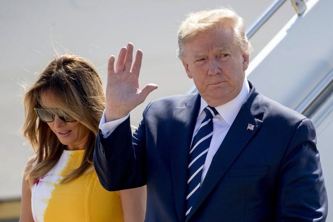 U.S President Donald Trump and first lady Melania Trump arrive in Biarritz, France, Saturday, Aug. 24, 2019, for the G-7 summit. World leaders and protesters are converging on the southern French resort town of Biarritz for the G-7 summit. President Donald Trump will join host French President Emmanuel Macron and the leaders of Britain, Germany, Japan, Canada and Italy for the annual summit in the nearby resort town of Biarritz. (Photo by Andrew Harnik)