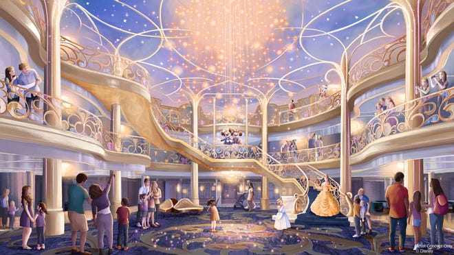 Disney Cruise Line said the three-story atrium of the Disney Wish will be "a bright, airy and elegant space inspired by the beauty of an enchanted fairy tale."