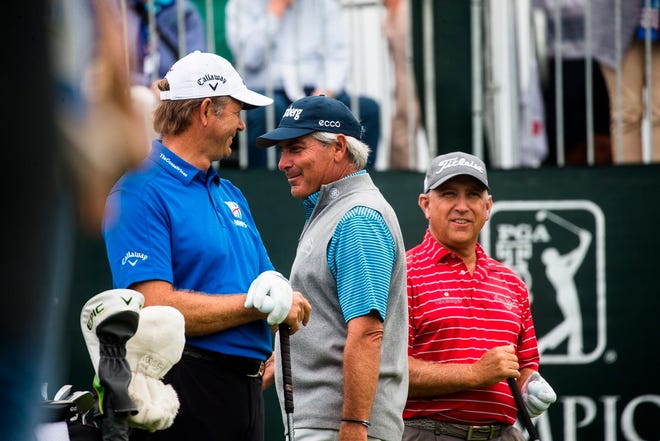 From left, Retief Goosen, Fred Couples and Scott Parel are committed to playing next week's Ally Challenge in Grand Blanc.