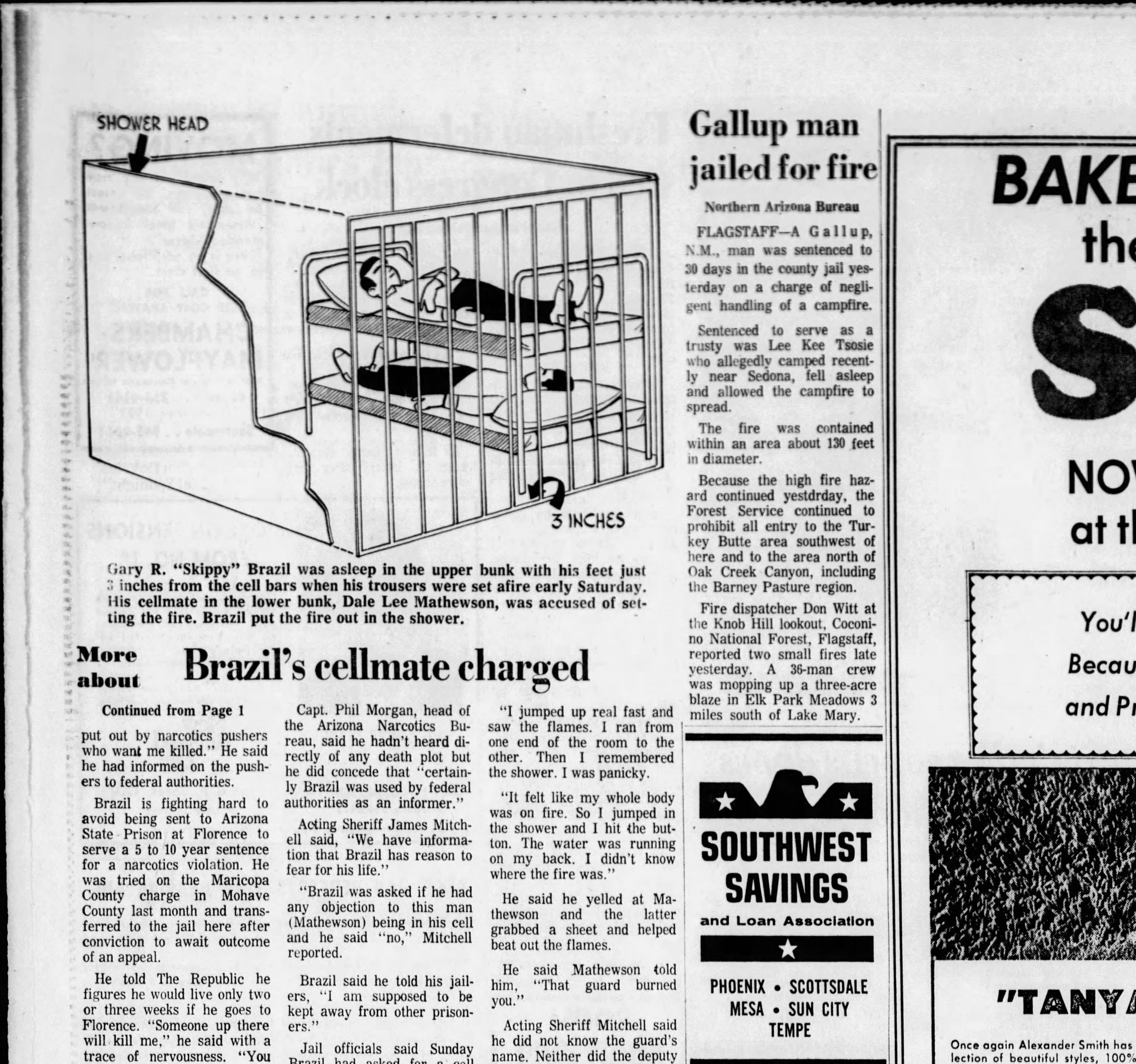 An 1970 Republic illustration shows the layout of the cell where the drug informant Gary "Skippy" Brazil was set on fire.