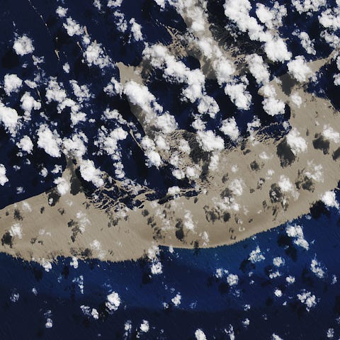 An aerial view of the pumice raft making its way t