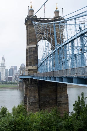 The John A. Roebling Bridge is photographed on a dreary Tuesday, Aug. 27, 2019 in Cincinnati, Ohio.