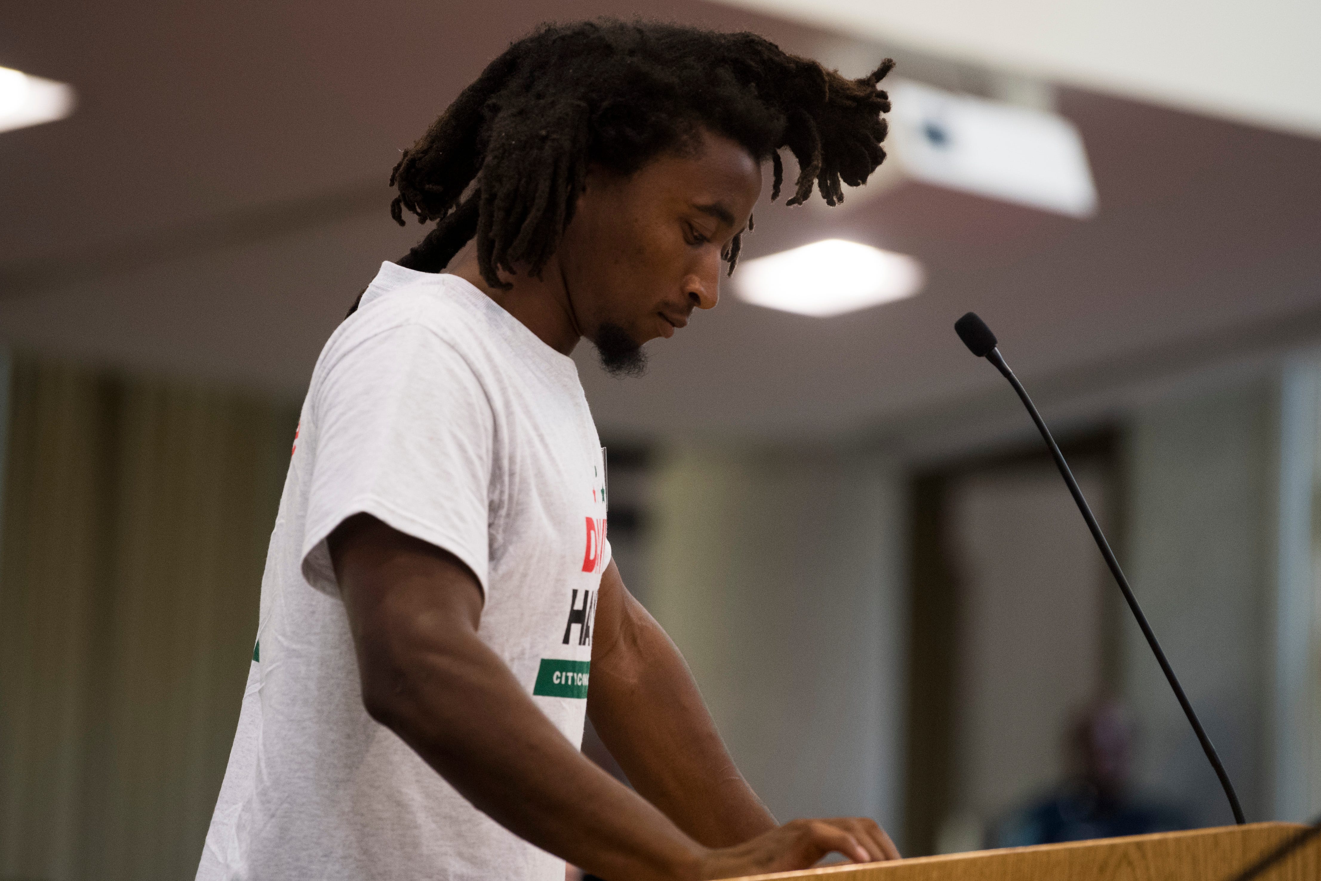 Nzinga Bayano Amani speaks at a City Council meeting on Aug. 27, 2019, in Knoxville. Amani was demanding answers in the fatal police shooting of Channara Tom "Philly" Pheap at an apartment complex in northwest Knoxville.