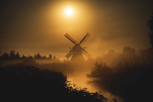 A mill is seen in the morning mist in Groningen, The Netherlands, Aug. 26, 2019. This time of the year can be foggy in parts of the Netherlands during the sunrise. This is mainly due to the fact that it has cooled down considerably at night compared to the temperature during the day.