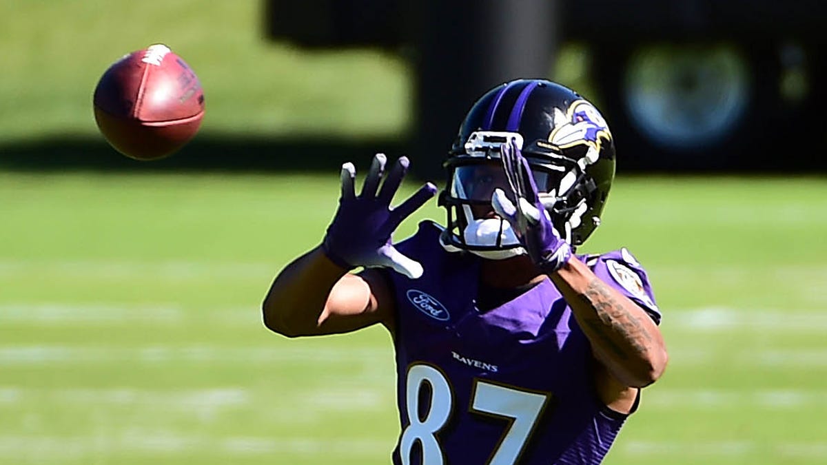Baltimore Ravens wide receiver Joe Horn Jr. (87) catches a pass during minicamp at Under Armour Performance Center.