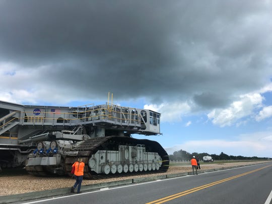 Kennedy Space Center's Crawler Transporter 2 vehicle heads to pad 39B in preparation for Tropical Storm Dorian.