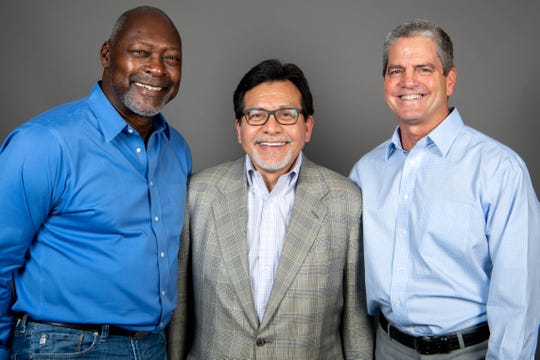 From Left: Dave Stewart, Alberto Gonzales and John Loar of Music City Baseball pose for a photo Wednesday, Aug. 28, 2019, in Nashville, Tenn. 