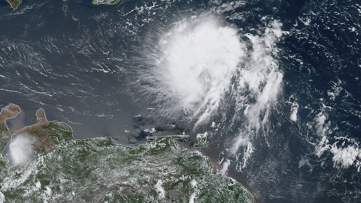 This satellite image obtained from NOAA/NESDIS/STAR GOES-East, shows Tropical Storm Dorian off South America as it approaches the Caribbean August 27, 2019.