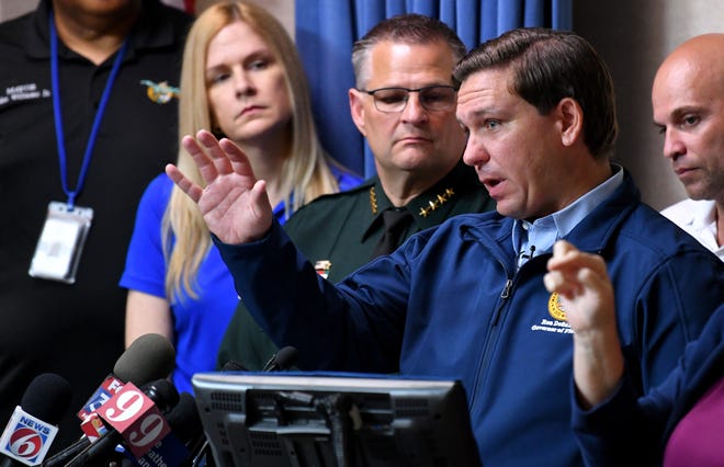 Florida Gov. Ron DeSantis speaks at the Brevard County Emergency Operations Center in Rockledge on Thursday as Hurricane Dorian approaches the state. Various county and state officials also attended.